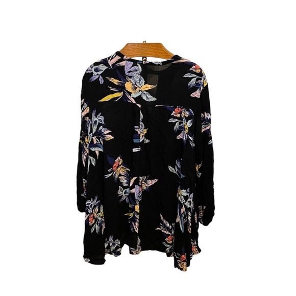 FREE PEOPLE ~ Black Floral Top with Keyhole Front and High Low Hem - Picture 2 of 10